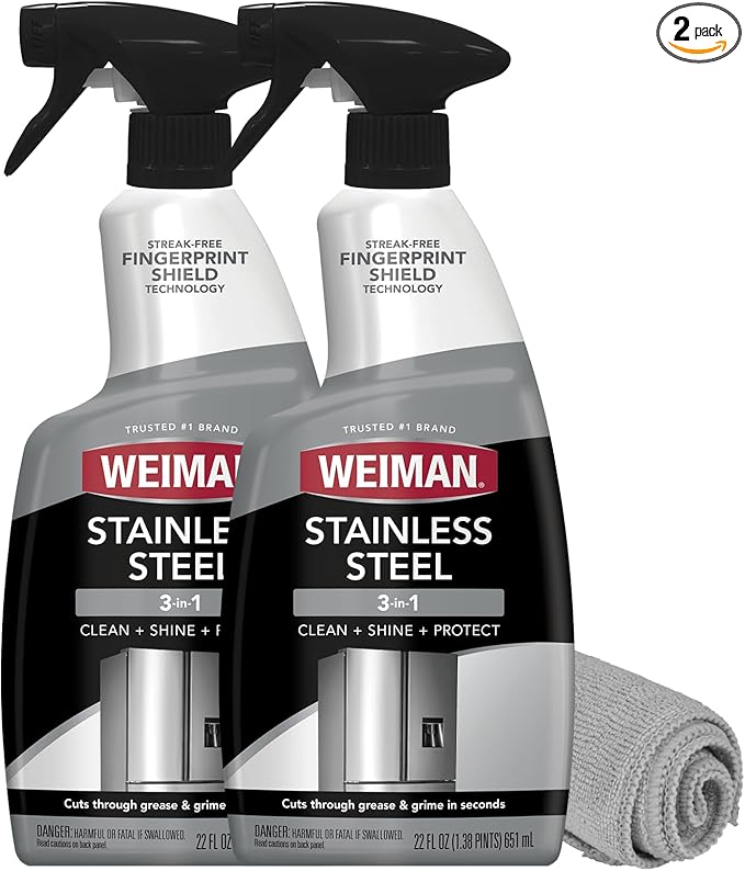 Weiman Stainless Steel Cleaner and Polish - Protects Appliances from Fingerprints, Leaves a Streak-Free Shine for Refrigerator, Dishwasher, Oven, Grill, 2 Pack With Microfiber Cloth