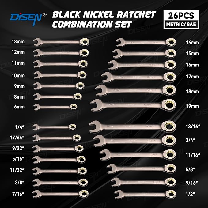 DISEN 26 Piece Ratcheting Wrenches Set 90 Teeth, Combination Wrenches Set Metric 6MM-19MM and SAE 1/4 Inch-13/16 Inch, Cr-V Steel, Ratchet Set Nickel Plating with Organizer Visit the Store