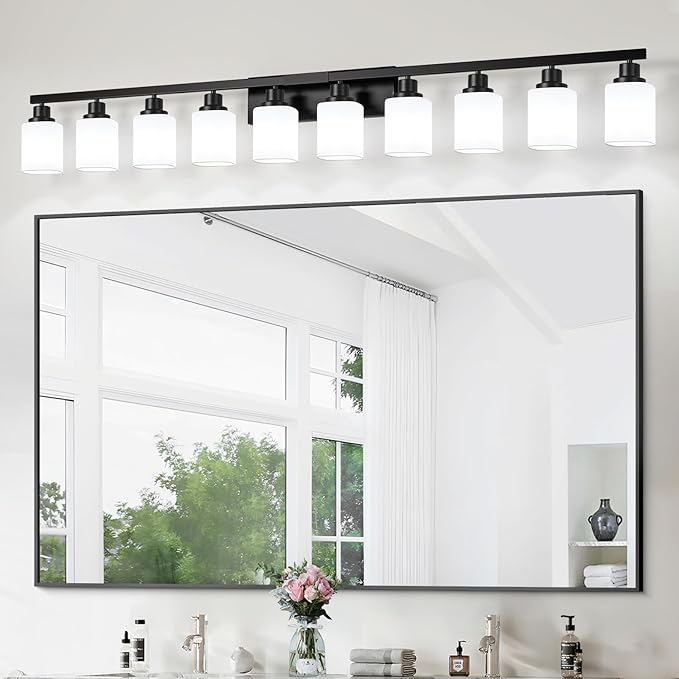 10-Light Bathroom Vanity Light,Modern Matte Black Bathroom Light Fixtures with Square Frosted Glass,64.5in Wall Sconces Over Mirror Restroom,Living Room Hallway E26