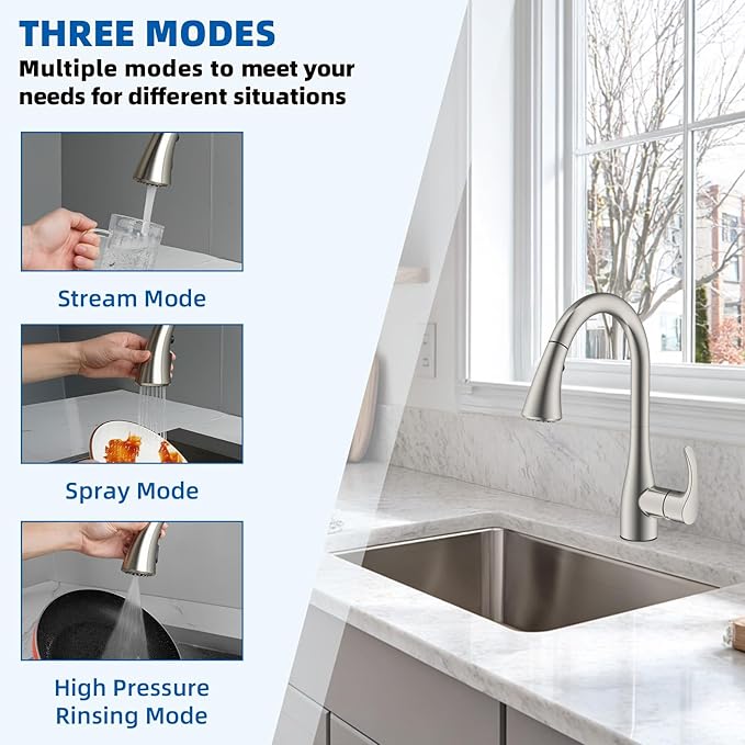 Hibbent Curved Pull Down Kitchen Faucet Head Replacement, 3-Function Kitchen Sink Spray Nozzle with 14 Adapters, Anti-Splash, Compatible with Kohler Bent Faucets, Brushed Nickel