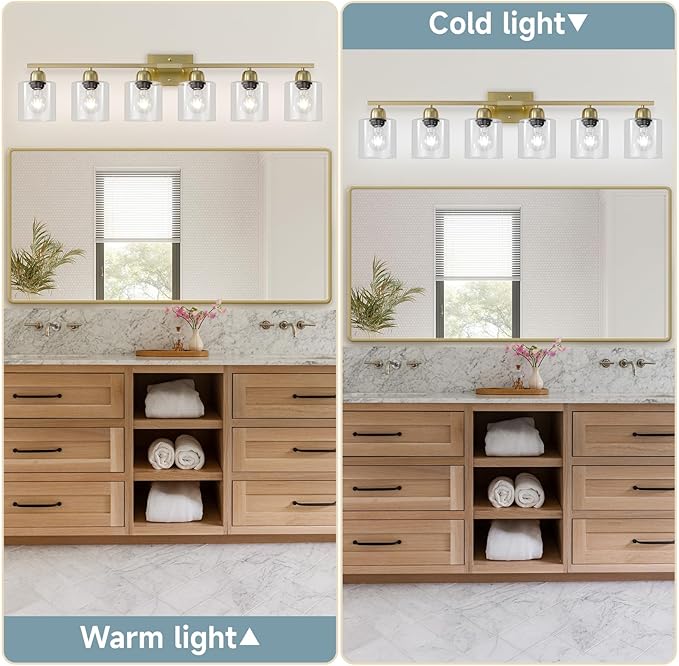 Modern Brushed Gold 6 Light Bathroom Light Fixtures,38 inch Vanity Lights for Bathroom with Clear Glass, Vanity Light for Mirror Kitchen Living Room Hallway Cabinet Porch