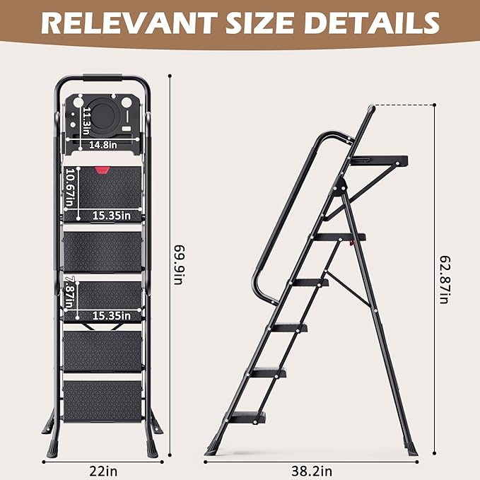 KINGRACK Step Ladder, Portable Folding Step Stool with Anti-Slip Wide Pedals, Heavy Sturdy Steel with Handrail, Safe-Lock Design, 800lbs Load Capacity, for Home and Kitchen, Black (5 Step Ladder)
