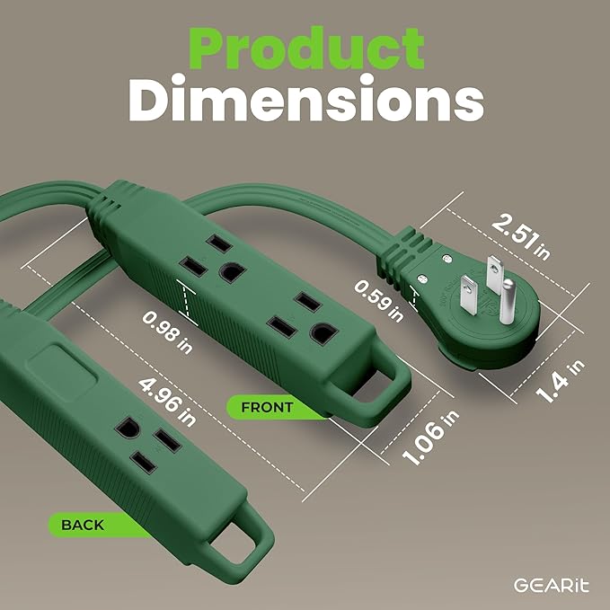 GEARit 360 Rotating Flat Plug Short Extension Cord with 3 Outlets (6ft, Green) 16AWG/13A 3 Prong Wire, Outlet Saver for Home Office Dorm Room Essentials, ETL Certified