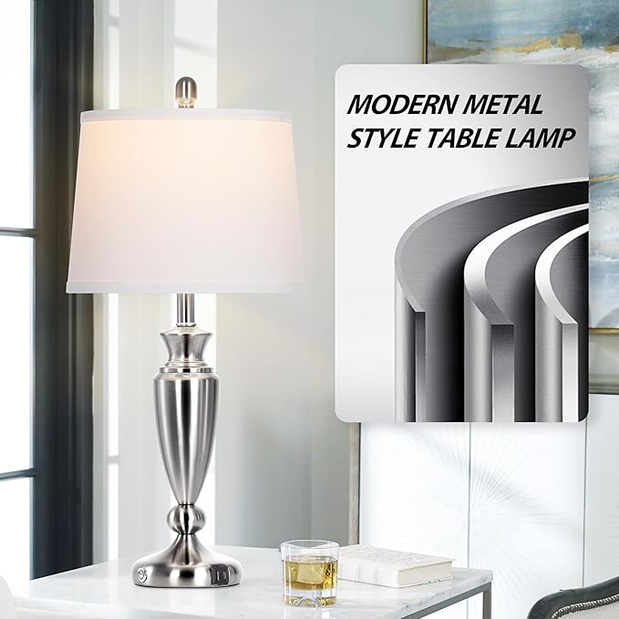 Metal Table Lamps Set of 2, 3 Way Touch Control Silver Bedside Lamps with USB A+C Ports, Modern Brushed Nickel Nightstand Lamps for Bedroom Living Room