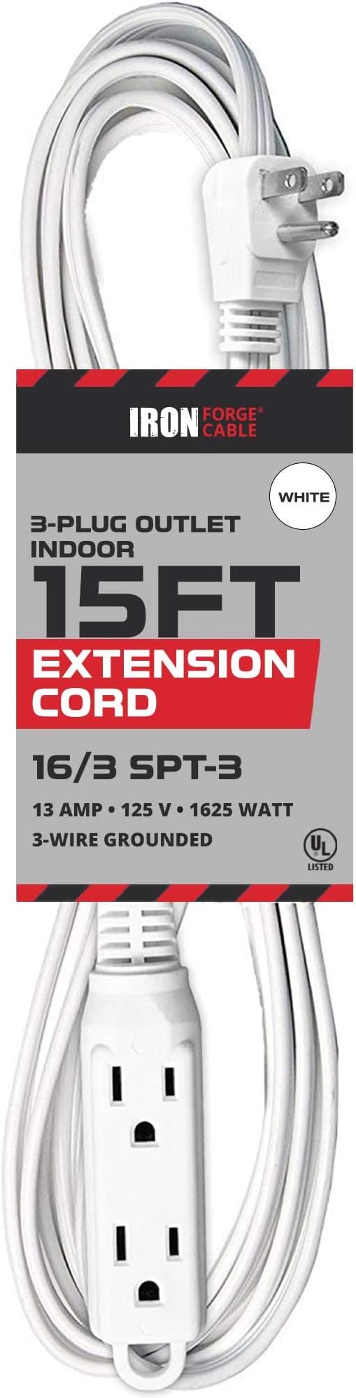 Iron Forge Cable 15 ft Flat Plug White Extension Cord with 3 Outlets - 16/3 SJTW 3 Prong Indoor Extension Cord with Multiple Outlets