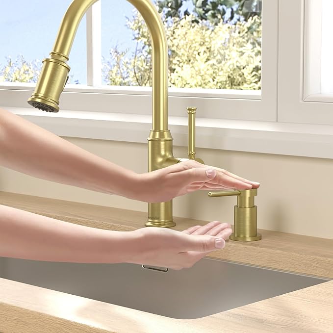 Lava Odoro Gold Soap Dispenser for Kitchen Sink, Modern Brass Built in Countertop Pump Dispenser with 18 Oz Refillable Bottle, Kitchen Soap and Lotion Dispenser Spot-Free, Brushed Gold, KSD-21