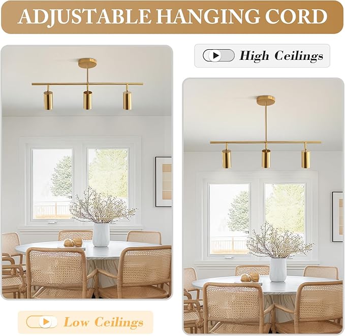 KCO Lighting Linear Pendant Light Ceiling Track Spotlight Gold 3-Light with Rods Adjustable Hanging Lighting Fixture for Dining Room Kitchen