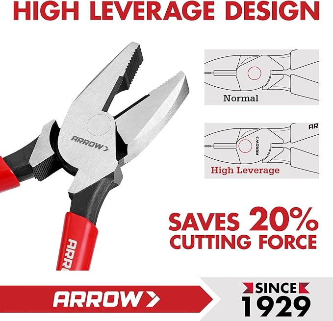 ARROW 8" High Leverage Linemans Pliers, Side Cutters, Linesman Pliers for Wire Cutting, Gripping