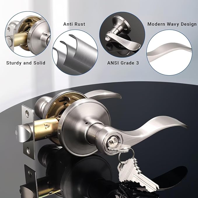 Knobonly Brushed Nickel Entry Door Levers with Keys Wave Style-Reversible for Right or Left-1 Pcs