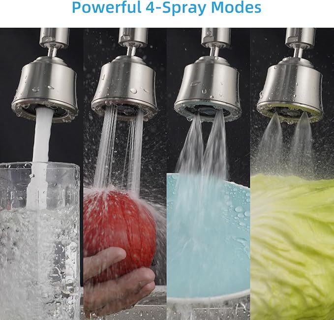 iFealClear Kitchen Sink Faucet Head, 360° Faucet Sprayer Attachment for Kitchen Faucet, Large Angle Faucet Aerator 55/64-27UNS, 2 Metal Swivel Joints, 4 Spray Modes, Brass Adapters, Brushed Nickel