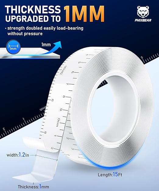 Heavy Duty Mounting Tape with Inch Measure Mark, Removable Clear Traceless Double Sided Strong Adhesive Tape for Wall, Carpet, Poster, Dorm Room, No Residue 1.18" x 15Ft