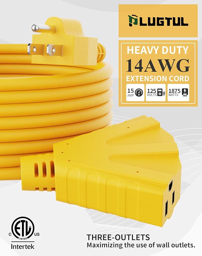 PLUGTUL 50FT Outdoor Extension Cord with Multiple Outlets, 14 Gauge, 3-Outlet, SJTW, 15A 14AWG 1875W SJTW, ETL Listed - Great for Garage, Garden and Home, Yellow