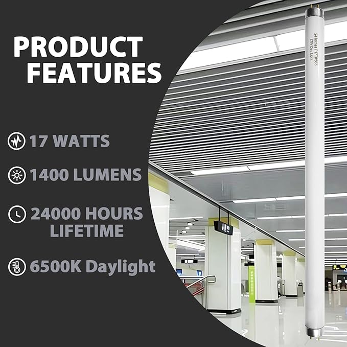 24 Inch F17T8/865 Fluorescent Bulb Daylight 6500K, 17 Watt T8 Light Bulb, 2 Foot Fluorescent Light Bulb, 1460 lumens, G13 Medium Bi-Pin Cap 8 Pack