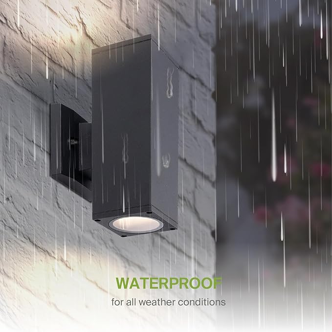 ASD 2 Light Square Outdoor Wall Light Fixture | 120W E26 Bulb Socket 120V ETL Cylinder Up Down Lights | LED/CFL/Incandescent Exterior Bulb Wall Sconce | Front Door, Porch, Patio | Black