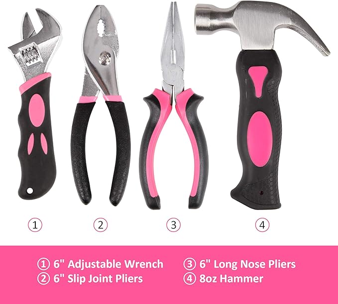 CARTMAN 52 Piece Tool Set Hand Tool Set with Easy Carrying Round Pouch - Perfect for DIY Pink