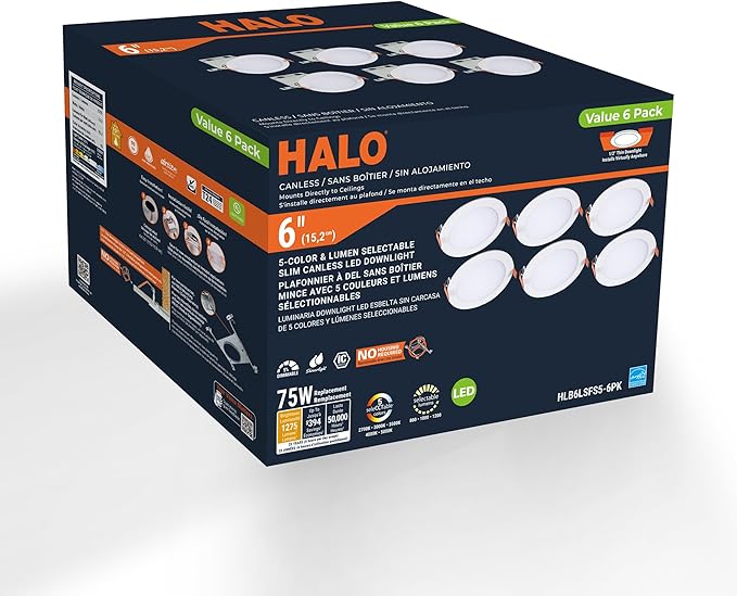 HALO HLB Recessed Lighting 6 Inch LED Canless, Ceiling and Shower Light, Dimmable w/Selectable Lumens and Color Temperatures 6-Pack - HLB6LSFS5-6PK