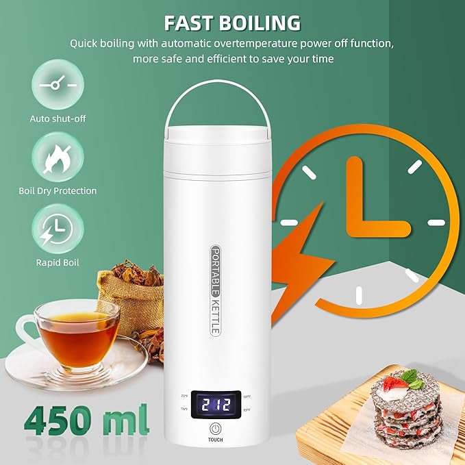 Travel Electric Kettle Portable Small Mini Tea Coffee Kettle Water Boiler, Water Heater with 4 Temperature Control,304 Stainless Steel with Auto Shut-Off & Boil Dry Protection, BPA-Free (White)