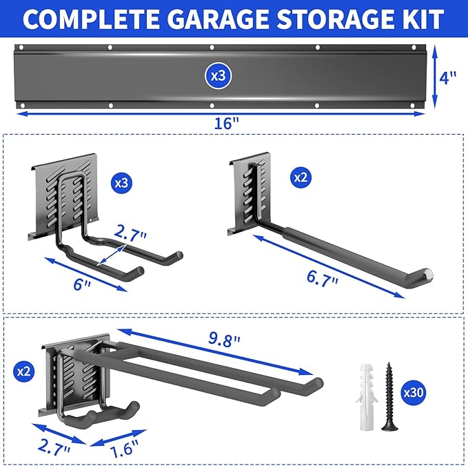 Garden Tool Organizer Wall Mount, 48inch Heavy Duty Garden Tool organizer Storage System, Easy Install With 7 Adjustable Hooks, For Garage, Basement, Shed, Workshop(Black)