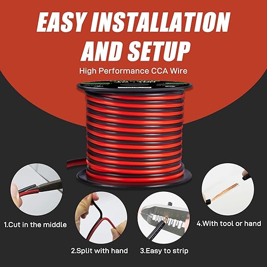 12 Gauge Wire, 12 AWG Electrical Wire Cable, 2 Conductors Red Black Wire, Copper Clad Aluminum(CCA) Flexible PVC Extension Cord for Speaker, Hookup LED Strips, Automotive 12V/24V DC (50FT)