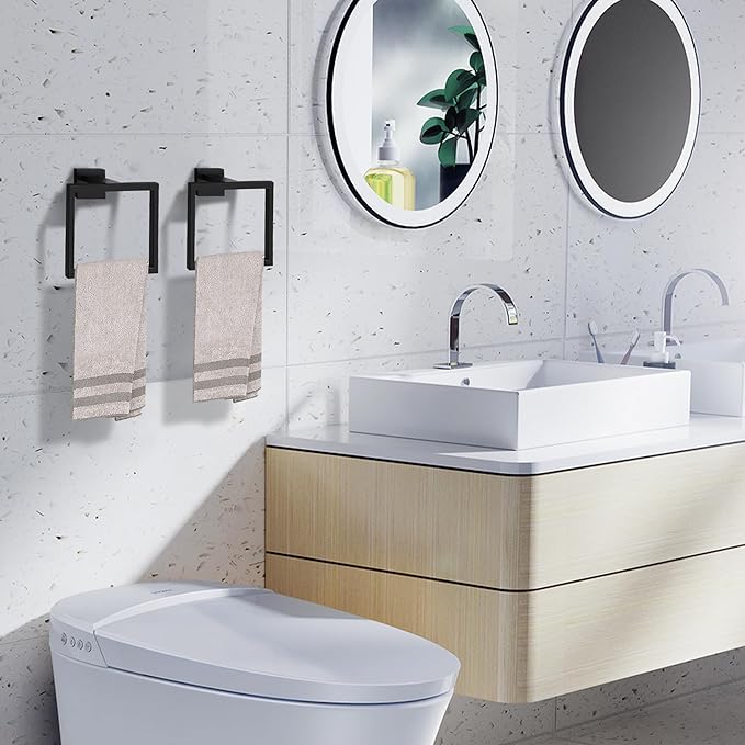 LANC Hand Towel Holder for Bathroom Wall Mount Matte Black Square Hand Towel Rings for Bathroom Hardware Accessories Kitchen Toilet SUS 304 Stainless Steel Shower Towel Hanger Racks, A8896MB