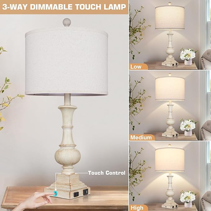 26" Farmhouse Table Lamp, Vintage Rustic Touch Control Bedside Lamp with 2 USB Ports & AC Outlet, Boho Resin 3-Way Dimmable Nightstand Lamp Linen Fabric Shade for Living Room Bedroom End Table White