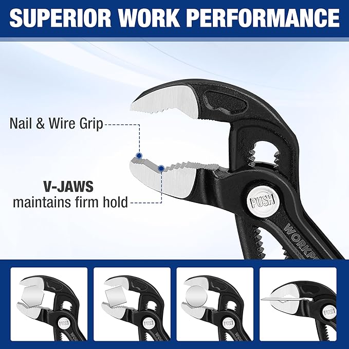 WORKPRO 2-Piece 7-Inch Pliers Wrench & Groove Joint Pliers Set, Quick Adjustment, CR-V Steel, Smooth Jaw & V-Jaw, Upgraded Wide Opening, Soft Grip - for Plumbing, Pipe Fittings, Household Repairs