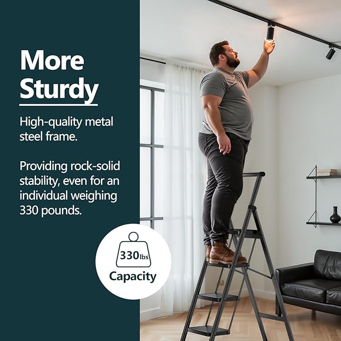 WOA WOA 4 Step Ladder, Foldable Ladder with Wide Pedals and Handle, Sturdy Ladders for Home and Kitchen with Anti-Slip Feet, Supports up to 330 lbs - Black