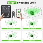 Huepar 2024 New Construction Laser Level 3x360 Self Leveling, 3D 12 Lines Bluetoothed Laser Level with Electric Rotating Base ＆ Large LCD Screen, 3 Planes Green Cross Lazer Leveler Tool W03CG