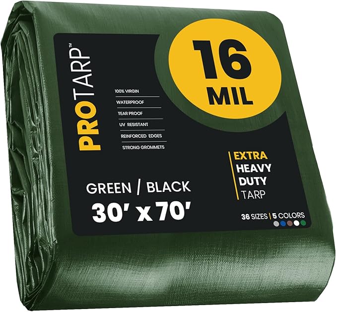 PROTARP Extra Heavy Duty 16 Mil Tarp Cover, Waterproof, UV Resistant, Rip and Tear Proof, Poly Tarpaulin with Reinforced Edges for Roof, Camping, Patio, Pool, Boat. (Green/Black 30′ X 70′)