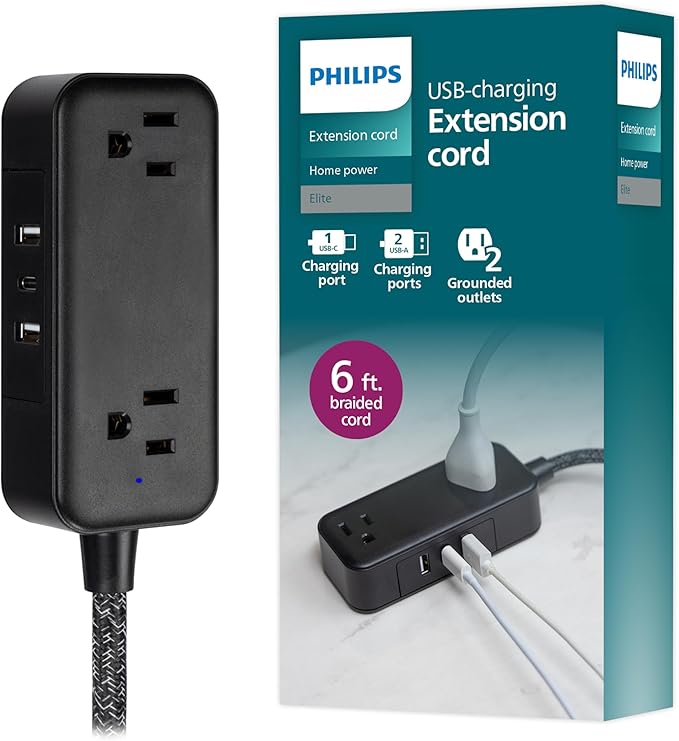 Philips 2-Outlet Extension Cord, 1 USB-C, 2 Type-A Ports, Braided Extension Cord with Multiple Outlets, Flat Plug Power Strip, Power Strip with USB Ports, ETL Listed, Black, SPS3564B/37