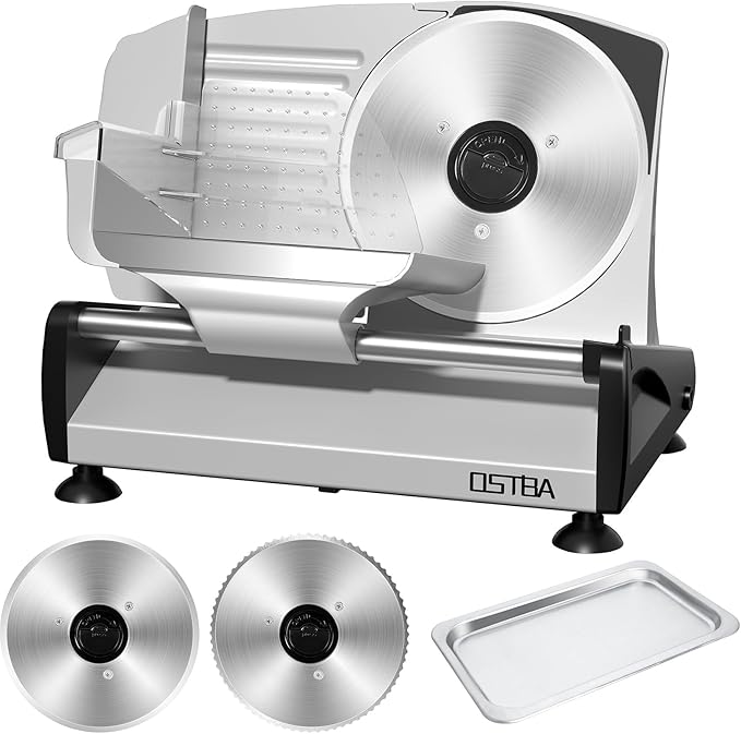 OSTBA Meat Slicer with Quiet DC Motor, 200W Electric Deli Slicer, Dual 7.5'' Stainless Steel Blades, 0-15mm Adjustable Thickness, Easy to Clean, Ideal for Meat, Cheese, Bread, and Vegetables