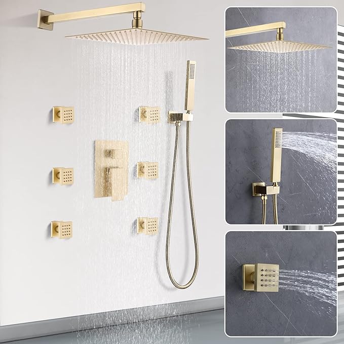 Enga Brushed Gold Rain Shower System with Body Jets, 12 inch Rain Shower Body Spray Jets System Wall Mounted Shower Faucet Set with 3-Function Brass Shower Valve