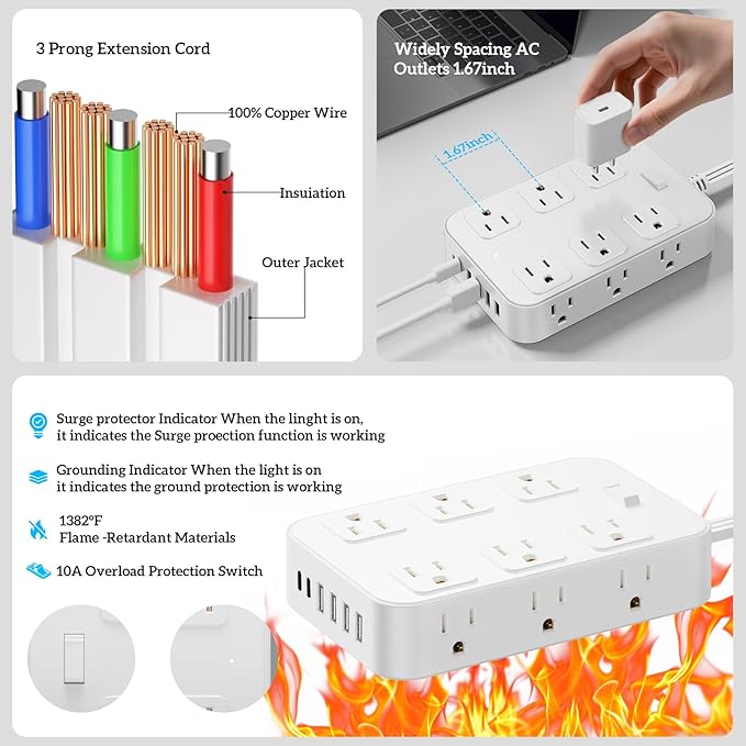 Flat Plug Power Strip Surge Protector with 12 AC Outlets 6 USB Ports 3 Side Multi Plug Outlet Extender 5 Ft Extension Cord for Home Office Kitchen Dorm Wall Desk Charging Station ETL Listed