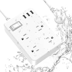 Jgstkcity Outdoor Waterproof Power Strip, 4 Flat Plug Outlets and 3 USB Ports, Mountable Weatherproof Surge Protector, Multi Outlet Extension for Camping, Garden, Kitchen, Bathroom, 6ft Cord (White)