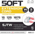 Iron Forge Cable Lighted Outdoor Extension Cord 50 ft - 14 Gauge 15 Amp Heavy Duty Power Extension Cords - SJTW - Great for Major Appliances, Power Tools, Garden Supplies - Red