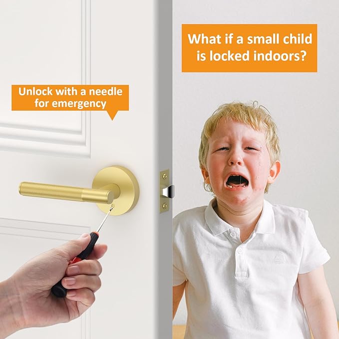 Amerdeco 3 Pack Brushed Gold Door Handles Interior, Knurled Privacy Door Handles with Lock,Heavy Duty Gold Door Lever for Bedroom or Bathroom,Reversible Keyless for Left Right Handed Doors