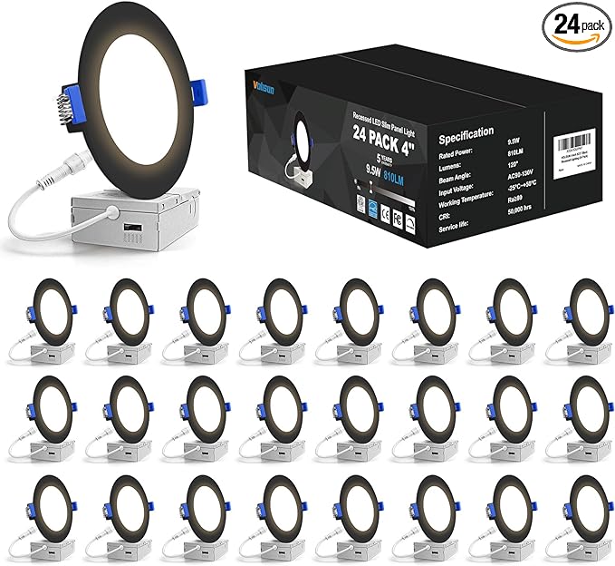 VOLISUN 24 Pack 4 inch Recessed Lighting, 5CCT LED Recessed Light Black, 2700K-5000K Selectable, 9.5W Eqv 80W, 810LM Dimmable Canless Wafer Downlight, LED Ceiling Light ETL Certificated