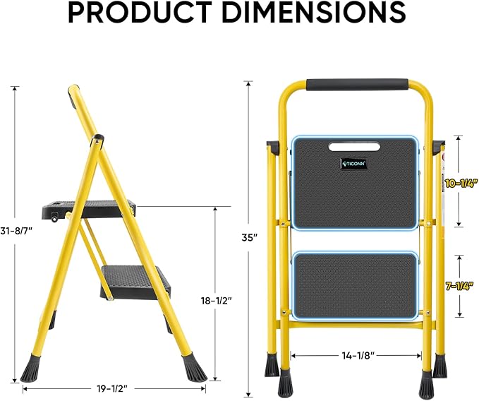 TICONN 2 Step Ladder, Heavy Duty Foldable Step Stool, Portable Steel Folding Stool for Household Garage Storage (Yellow)