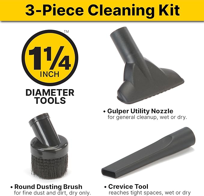 Shop-Vac 9064300 1.25 Inch Diameter Cleaning Kit, Includes Round Brush, Crevice Tool, and Gulper Nozzle, Black, Ideal for Upholstery, Blinds, and Car Interiors (1-Pack)
