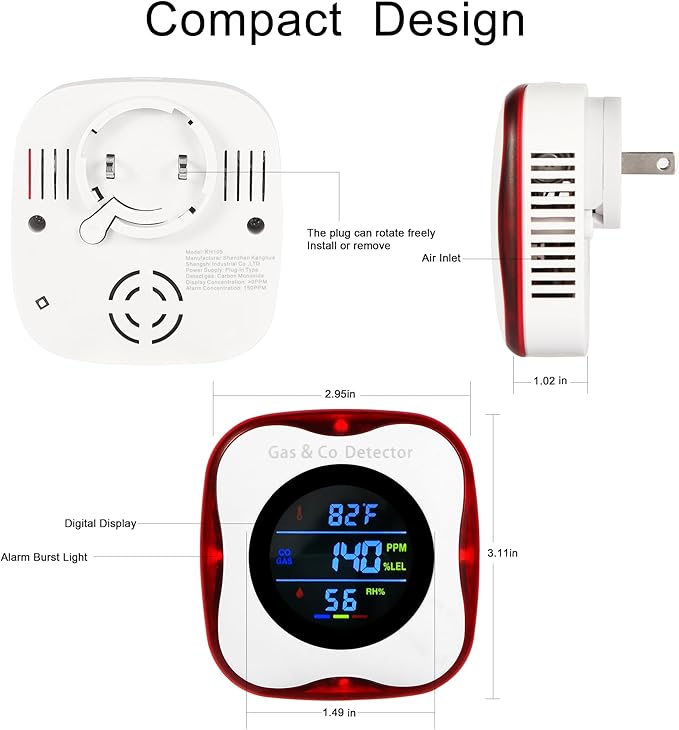 3 Packs Combination Gas & Carbon Monoxide Detectors,Plug in Carbon Monoxide Alarm,Natural Gas Detector,Propane,4-in-1 Digital Display CO Level & Explosive Gas & °F & Humidity for Home,RV