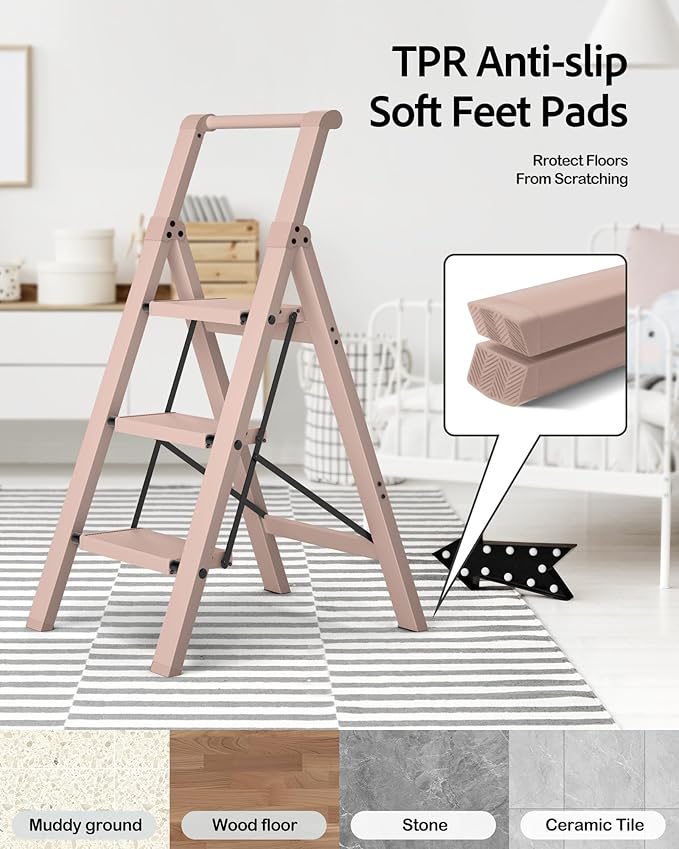 Taranta 3 Step Ladder, Lightweight Aluminum Step Stool with Convenient Handgrip, Folding Ladder with Anti-Slip Pedals, 330lbs Capacity Stepladder for Home, Office, Kitchen - Peach Pink