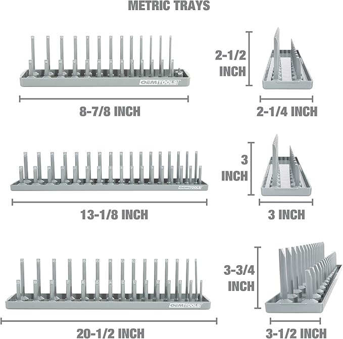 OEMTOOLS 22413 6 Piece SAE and Metric Socket Tray Set, SAE and Metric Socket Storage for Sizes 1/4", 3/8”, and 1/2" Drive, Socket Holders and Socket Organizer Tray for Toolbox, Red/Grey