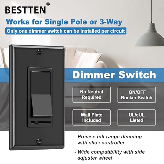 BESTTEN 10 Pack Dimmer Wall Light Switch, Compatible with Dimmable LED, CFL, Incandescent and Halogen Bulb, Single Pole or 3-Way Dimmer Switches, 120VAC, Decorator Wall Plate Included, Black