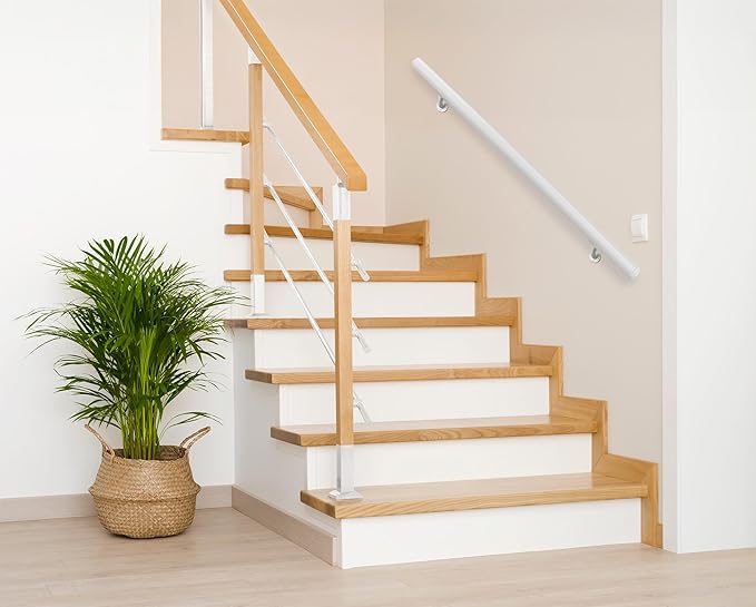 Meranti Aluminum Handrail for Indoor or Outdoor Steps and Stairs – Hand Rails for Elderly – DIY Complete Stair Railing Kit (AHR, Glossy White, 7' Length)
