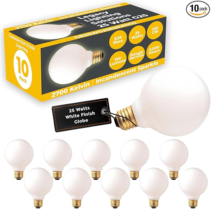 GoodBulb 25-Watt Frosted G25 Light Bulbs Incandescent Restaurant Bulb E26 Medium Base 2700K Warm White 175 Lumens Restaurant Light Bulbs Pack of 10 Bulbs