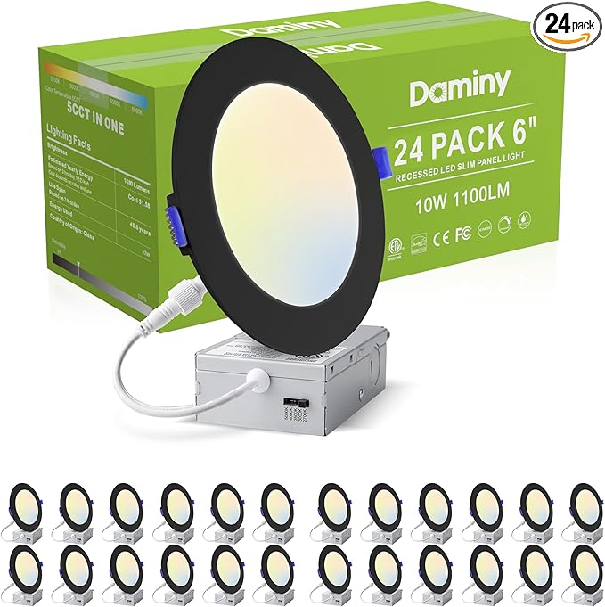 DAMINY 24 Pack 6 Inch Black LED Recessed Lighting with Junction Box,5CCT,Ultra-Thin Recessed Light,10W 1100lm, Dimmable Canless Wafer Ceiling Light, High Brightness - ETL