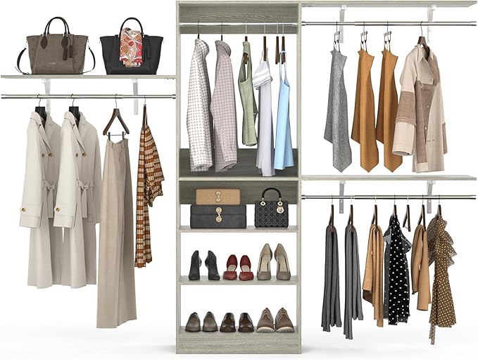 Armocity 96'' Closet System, 8FT Walk In Closet Organizer with 3 Shelving Towers, Heavy Duty Bedroom Wardrobe with 5 Shelves, Wall Mounted Clothes Rack (Can Be Cut To Fit), 96"L x16"W x75"H, White Oak