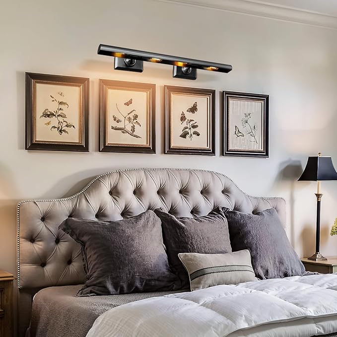 Picture Light, 30in Hardwired Picture Lights for Wall, Dimmable Poster Paintings Frames Light, Brass 4 Lighting Wall Sconces for Art Display Gallery Bathroom Living-Included Bulbs(Black)