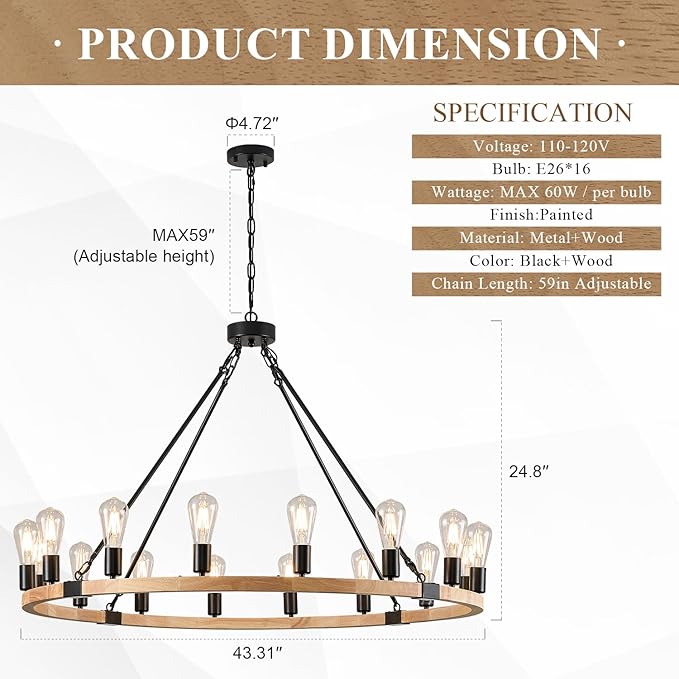 16-Light Wood Wagon Wheel Chandelier Farmhouse Natural, 43.3'' Black Metal Pendant Chandeliers Wooden Rustic Light Fixtures for High Ceiling Living Dining Room Foyer Entryway