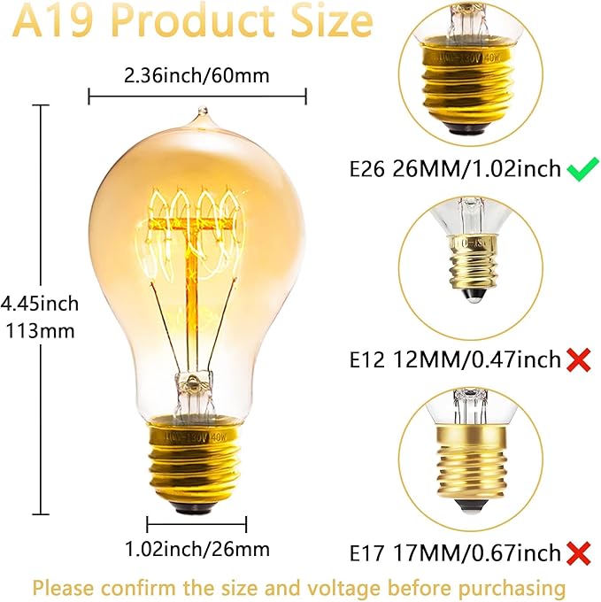 Edison Bulb, A19 Bulbs 6 Pack, Retro Style Incandescent Light Bulbs,Dimmable 120V 40W Antique Vintage Light Bulb, 240 Lmens E26 Base, Amber 2200K Warm White Light, for Home Office Desk Lamp